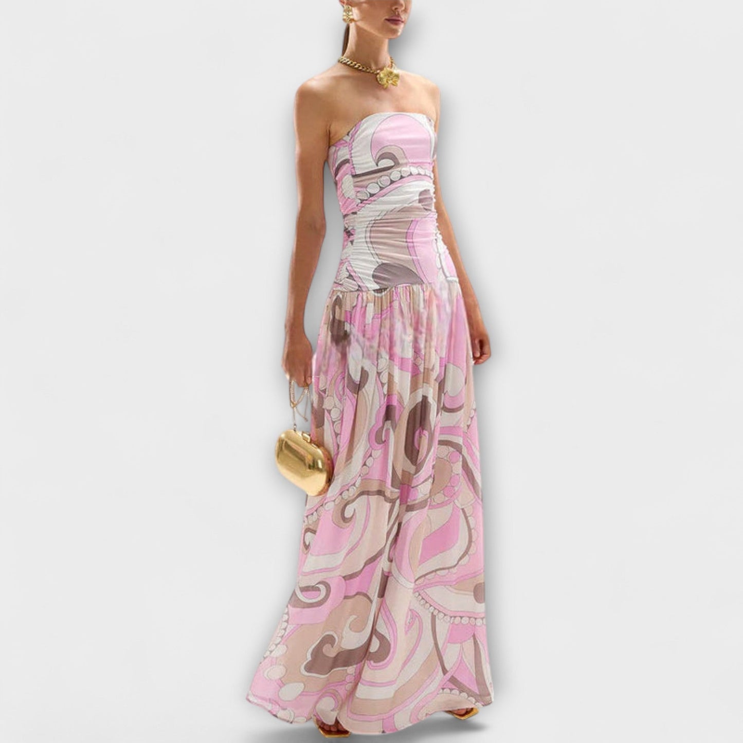 Daisy | Impresionante maxivestido de hombros al aire en tonos pastel