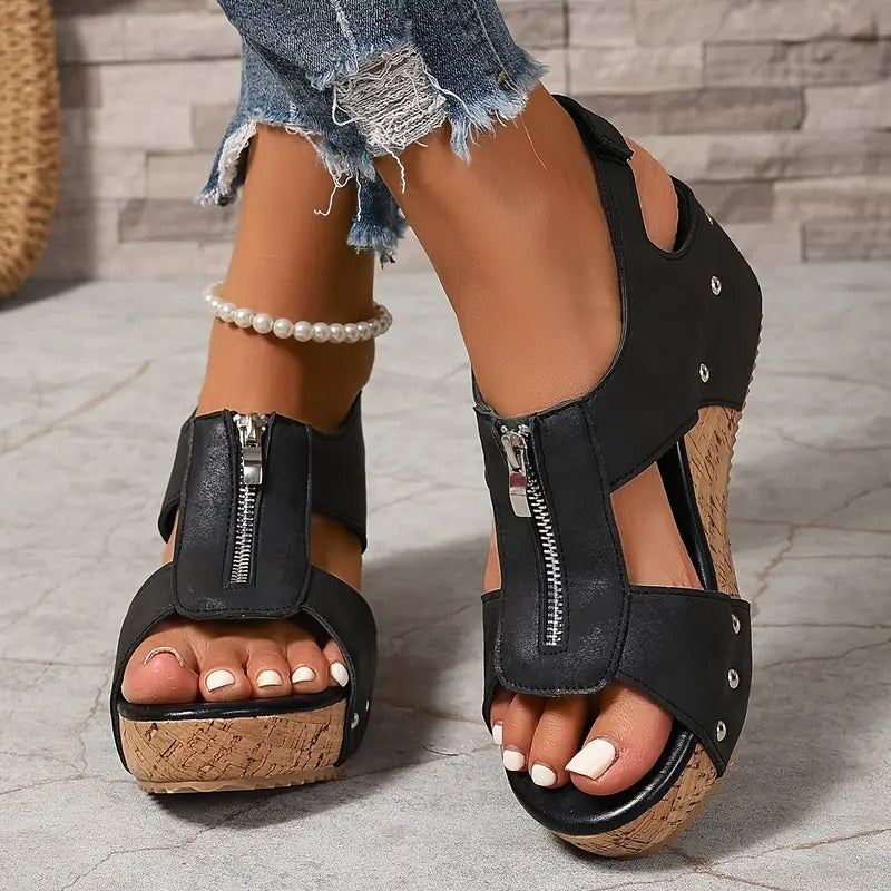 Joli | Elegantes sandalias retro con cuña y cremallera