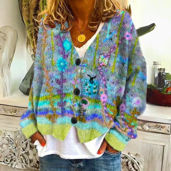 Chaqueta de punto para mujer con botones – Diseño floral y cómoda