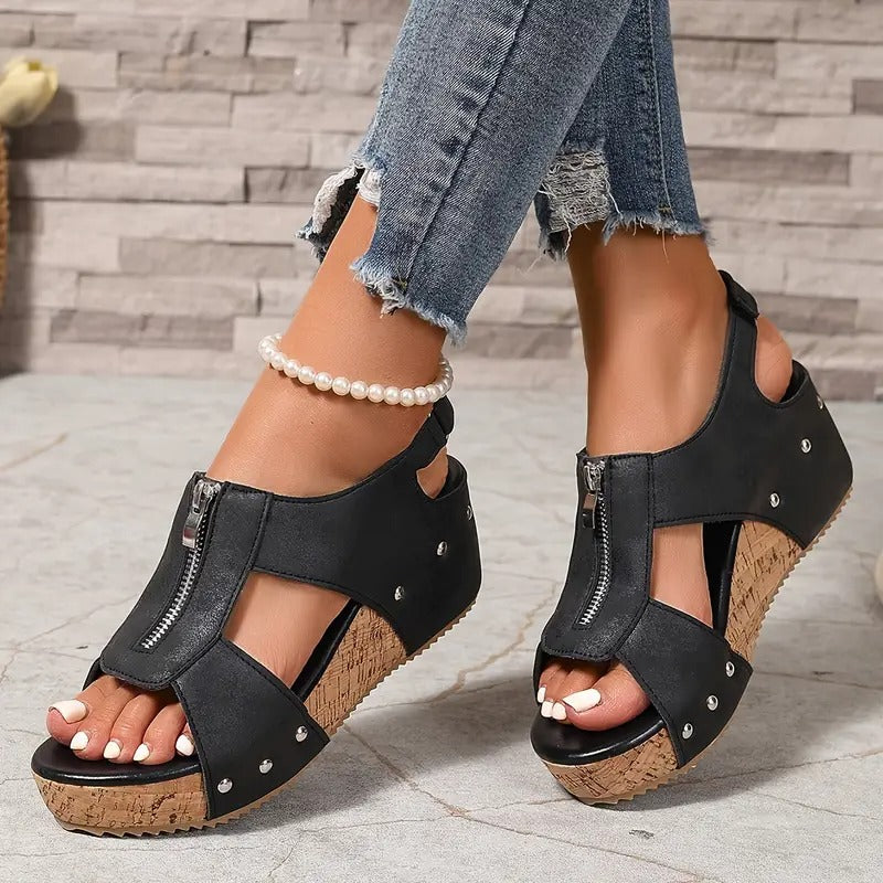 Joli | Elegantes sandalias retro con cuña y cremallera