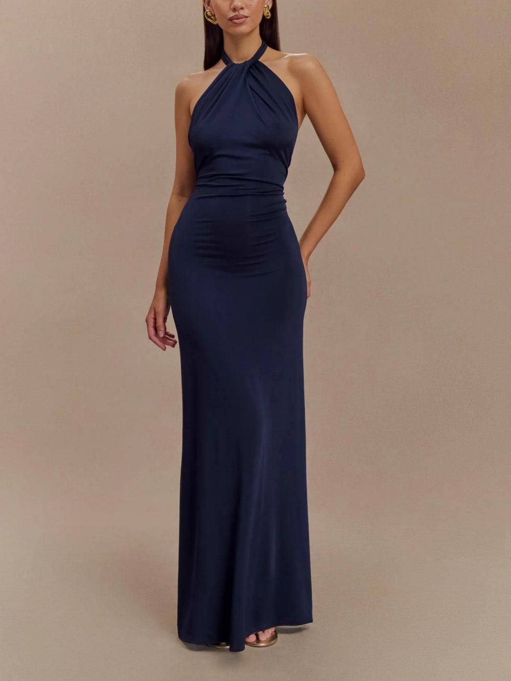 Vestido maxi mujer de satén con escote halter, elegante y chic