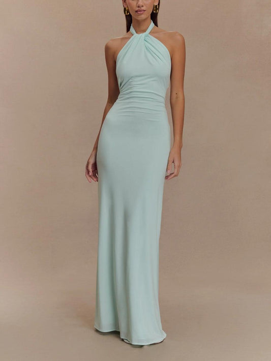 Vestido maxi mujer de satén con escote halter, elegante y chic