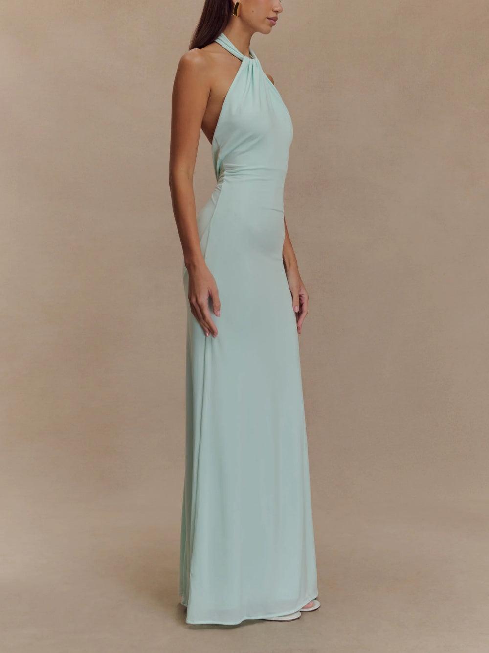 Vestido maxi mujer de satén con escote halter, elegante y chic