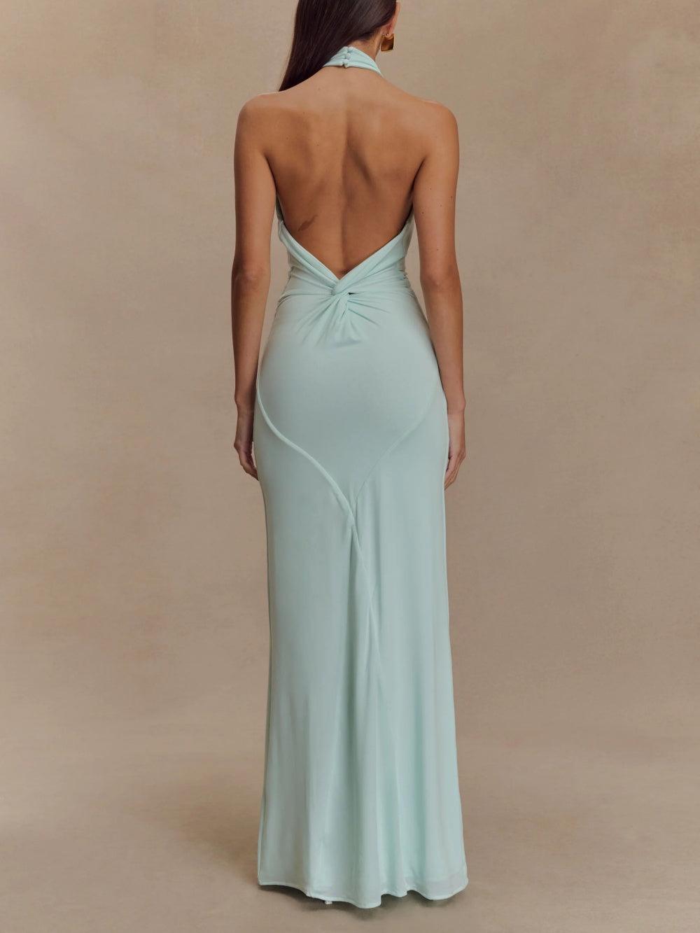 Vestido maxi mujer de satén con escote halter, elegante y chic