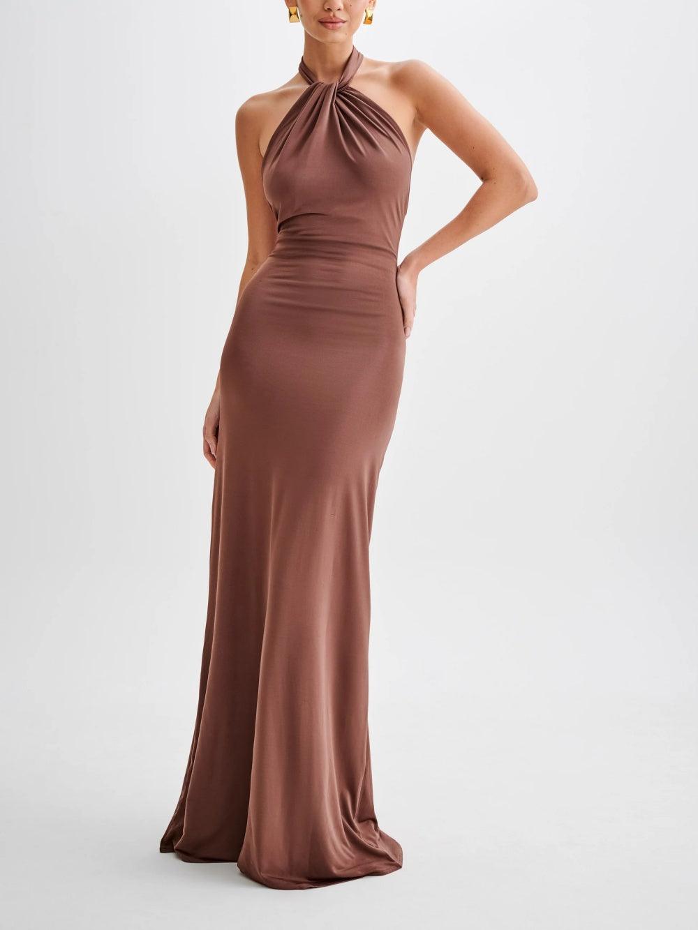 Vestido maxi mujer de satén con escote halter, elegante y chic