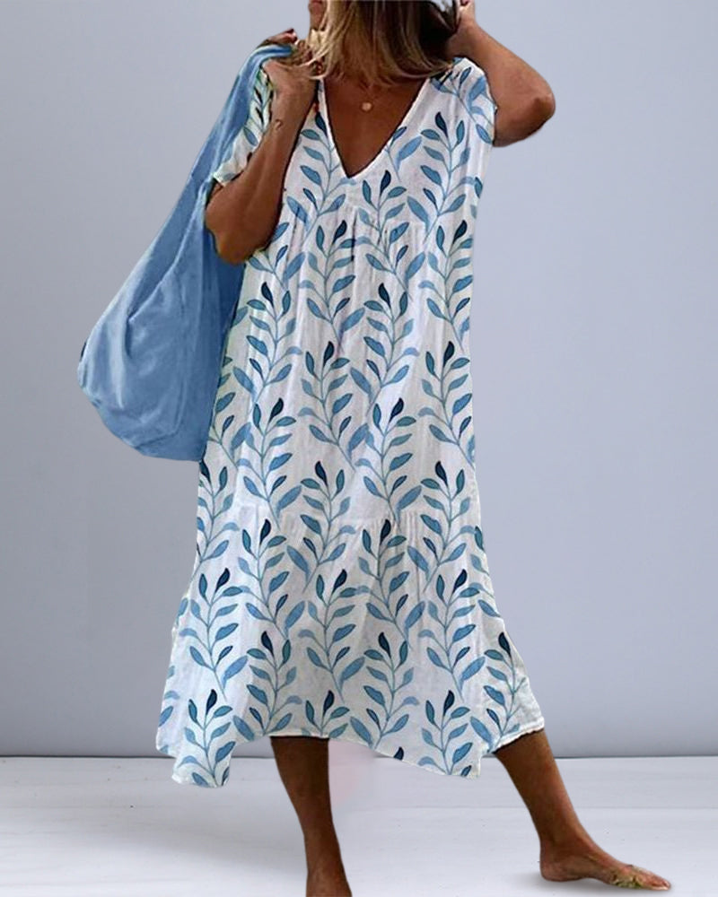Coco | Vestido midi con estampado boho de hojas y corte vaporoso