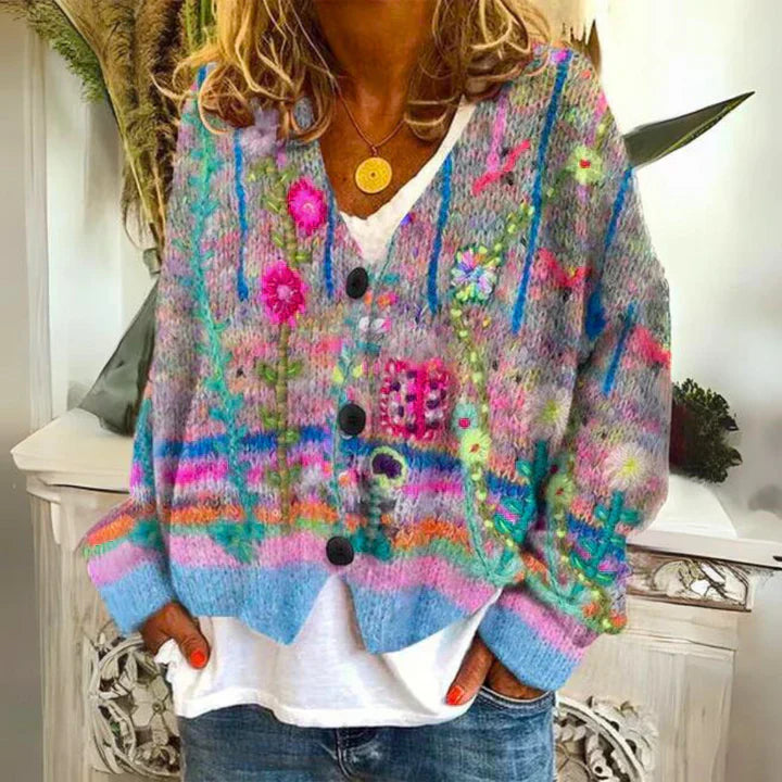 Chaqueta de punto para mujer con botones – Diseño floral y cómoda