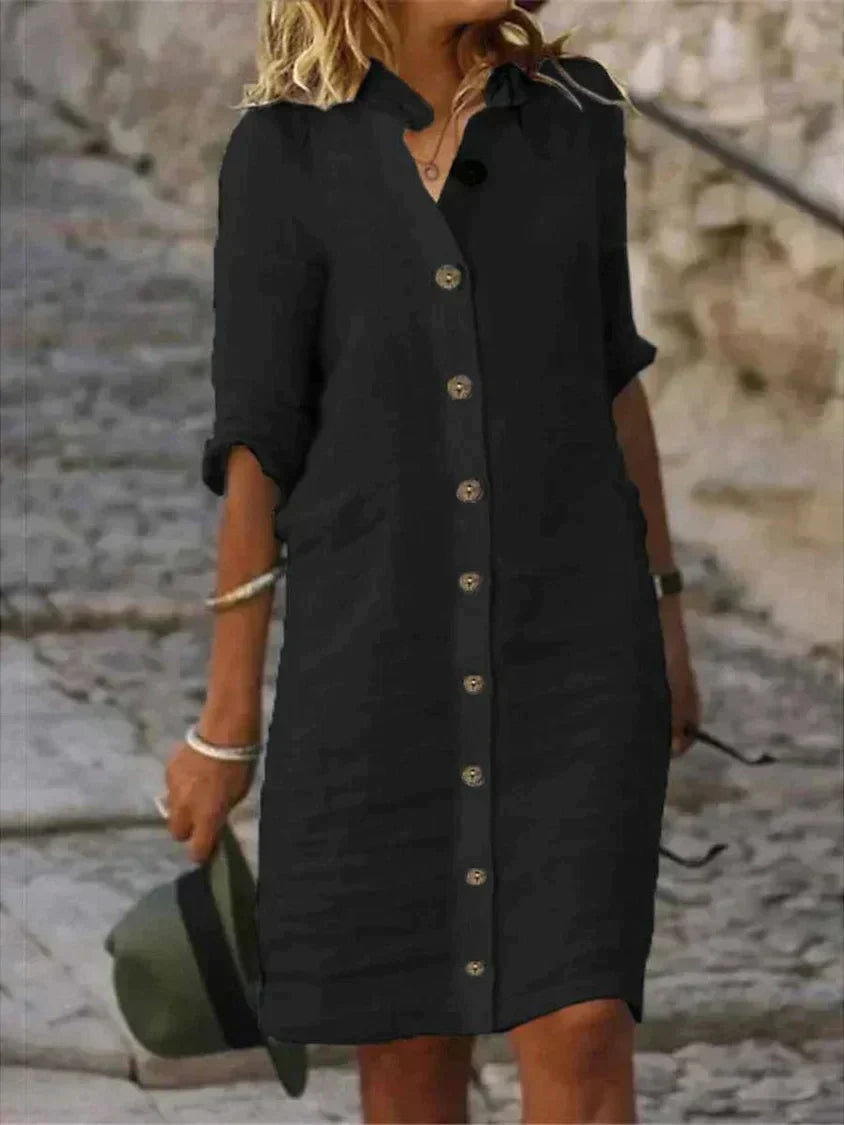 Vestido azul ligero de lino moderno y cómodo casual