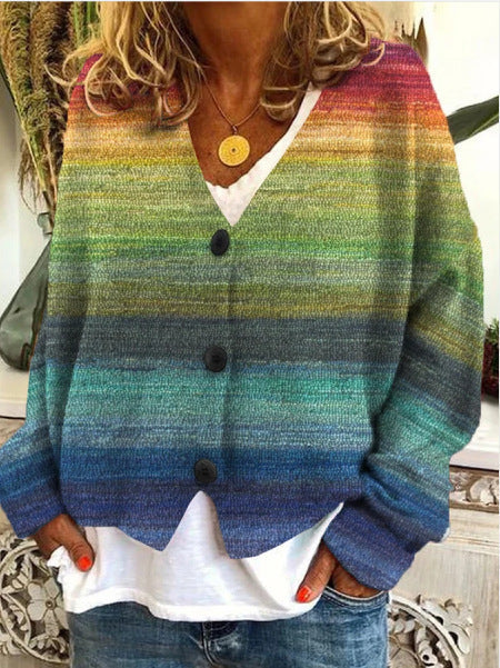Chaqueta de punto multicolor con botones para mujer: cálida, suave y moderna.