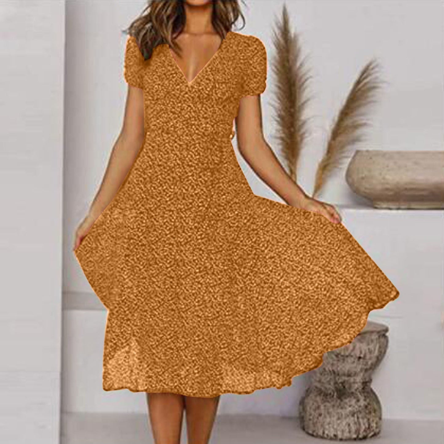 Vestido Elegante Mujer – Corte A con Escote en V y Falda Fluida