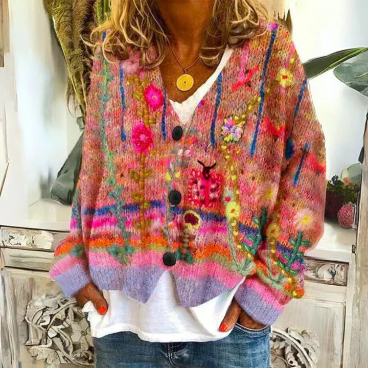 Chaqueta de punto para mujer con botones – Diseño floral y cómoda