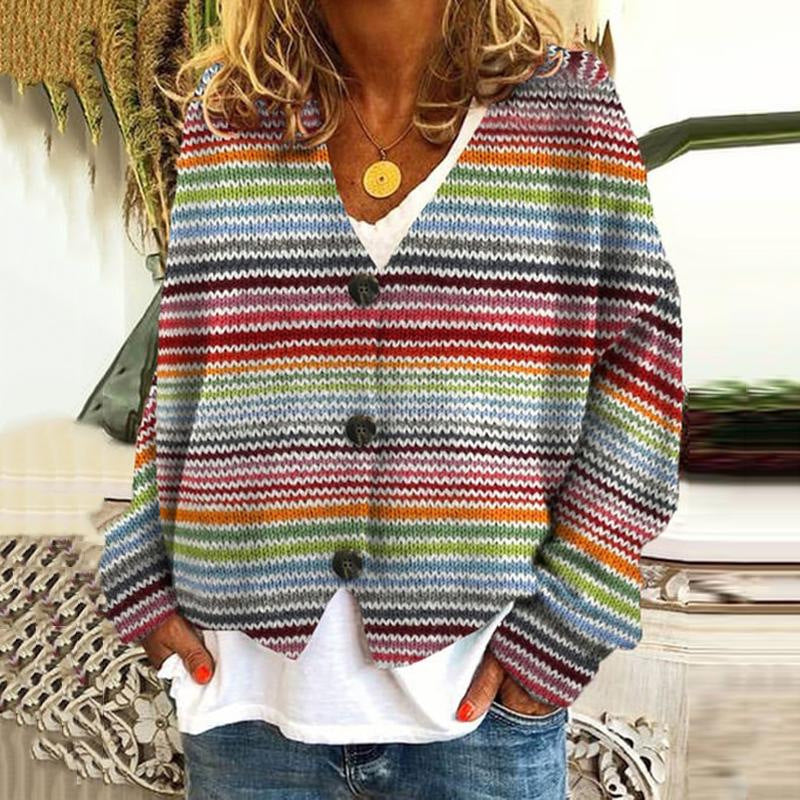 Chaqueta de punto multicolor con botones para mujer: cálida, suave y moderna.