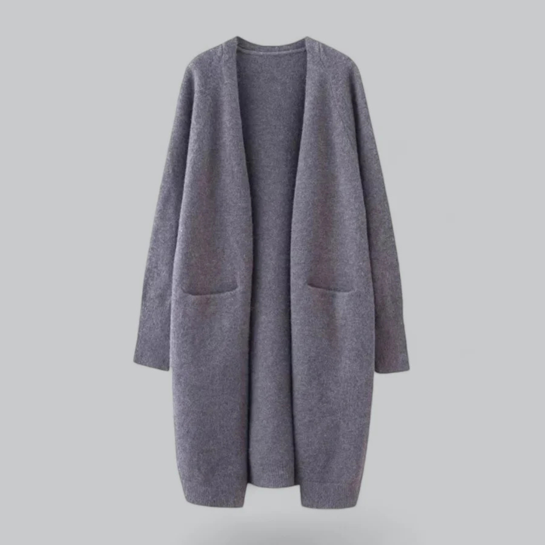 Chaqueta de punto informal con abertura frontal para mujer: suave, cálida y moderna.