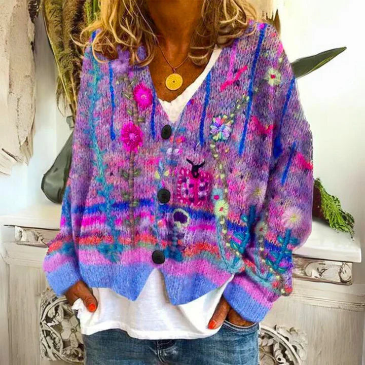 Chaqueta de punto para mujer con botones – Diseño floral y cómoda