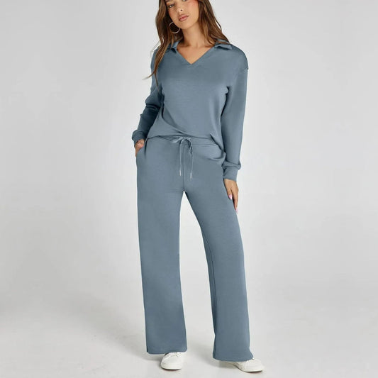 Set chic mujer, pantalón cómodo y top V-cuello para look casual