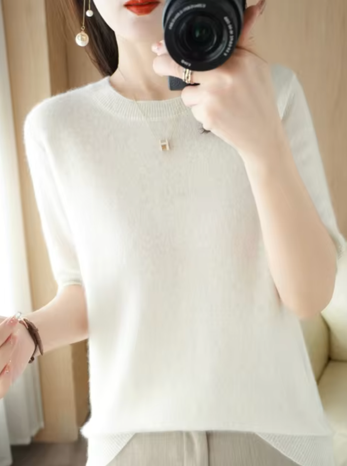 Jersey de manga corta para mujer: mezcla de lana y cachemira, elegante y cómodo