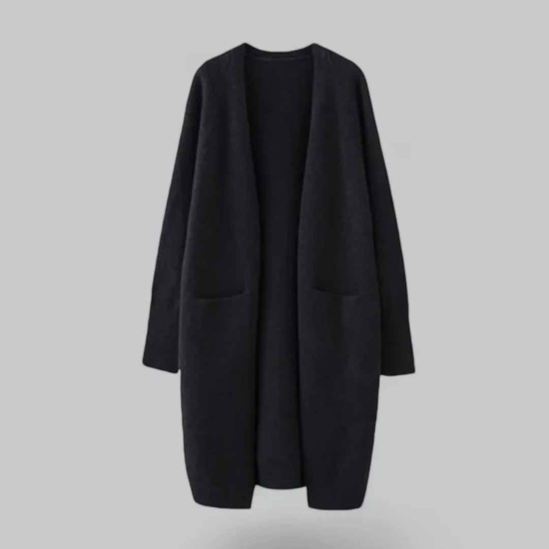 Chaqueta de punto informal con abertura frontal para mujer: suave, cálida y moderna.