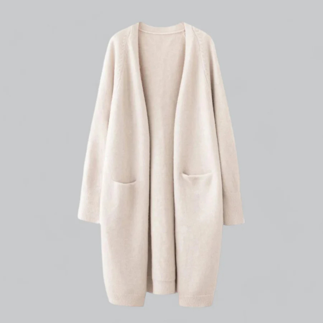 Chaqueta de punto informal con abertura frontal para mujer: suave, cálida y moderna.