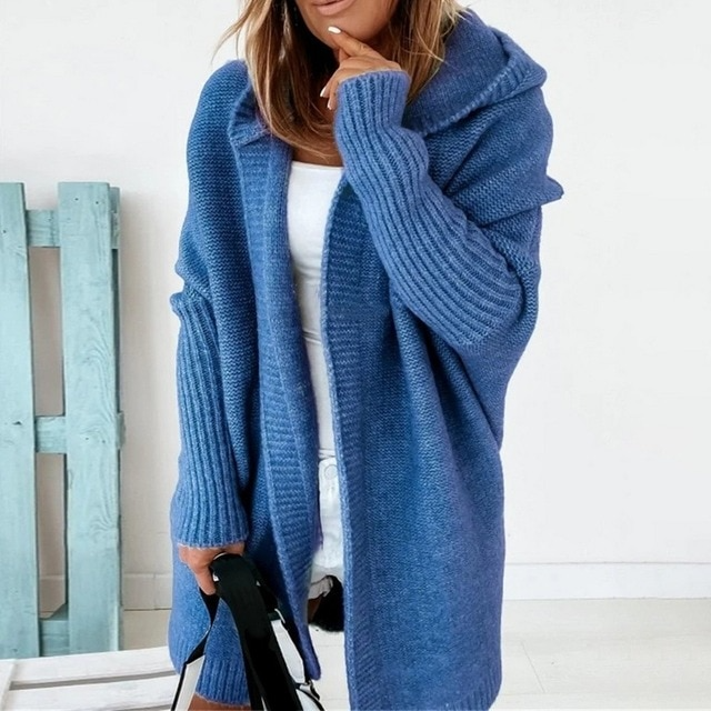 Chaqueta larga punto mujer con capucha elegante casual