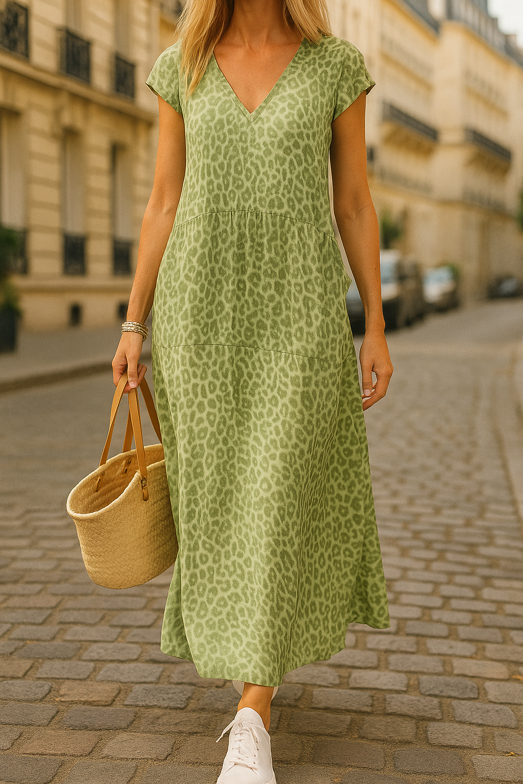 Rosy | Vestido largo de verano con cuello en V y estampado de leopardo