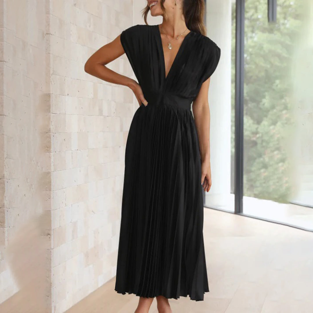 Lexi | Elegante vestido midi plisado con cuello en V