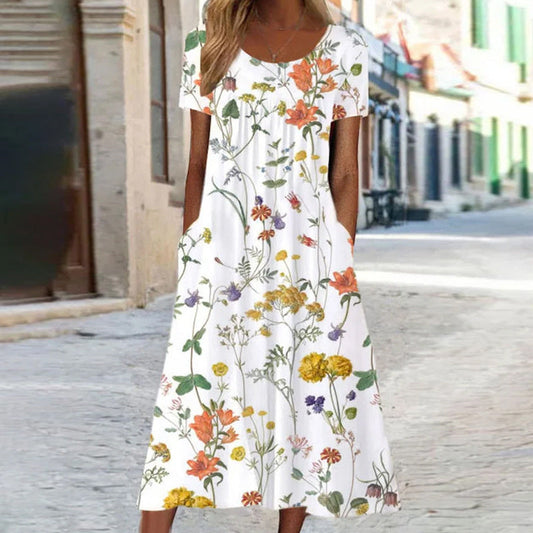 Vestido midi blanco estampado flores casual diario y paseo