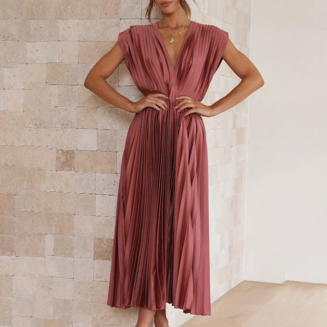 Lexi | Elegante vestido midi plisado con cuello en V