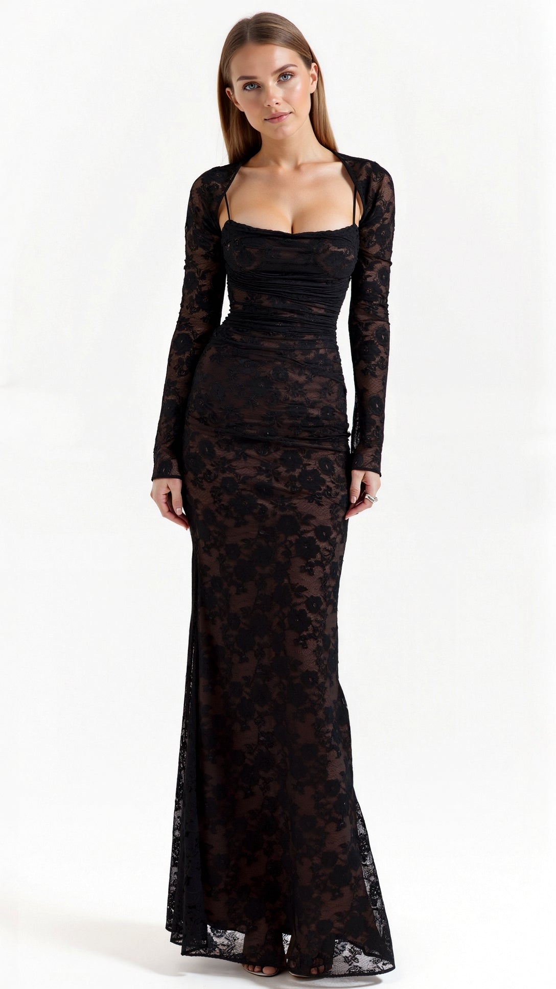 Vestido elegante blanco largo escote cuadrado ideal otoño-invierno
