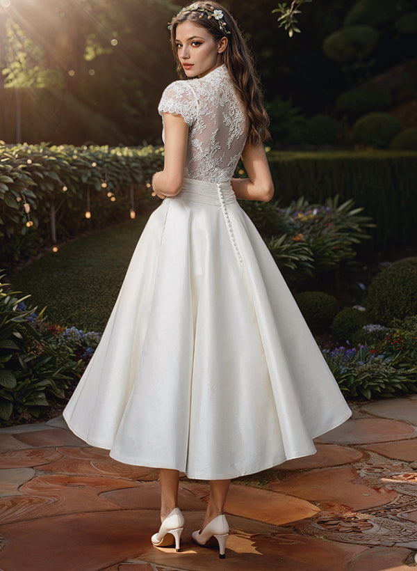 Vestido elegante blanco midi cuello en V para boda y eventos