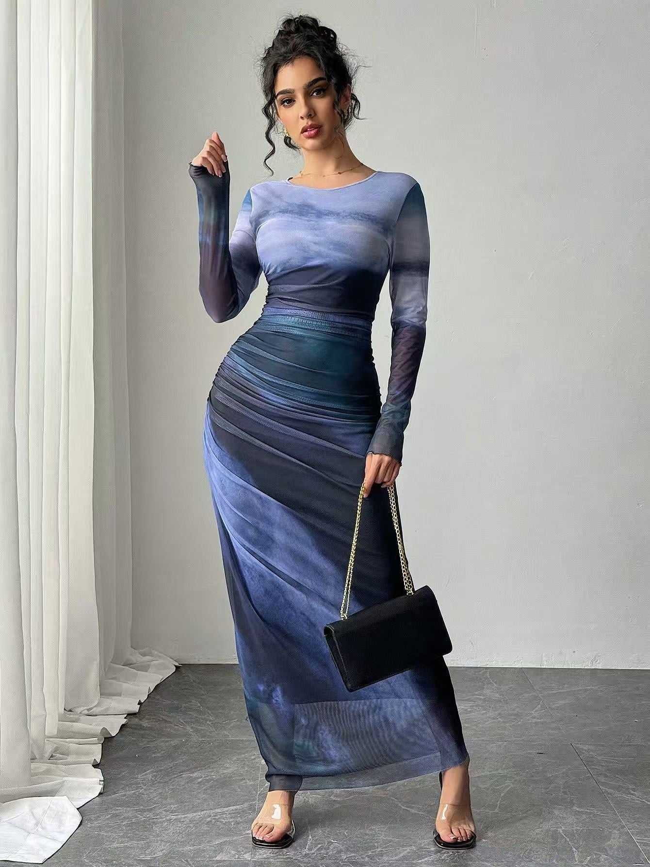 Vestido largo elegante estampado ajustado diario y formal otoño