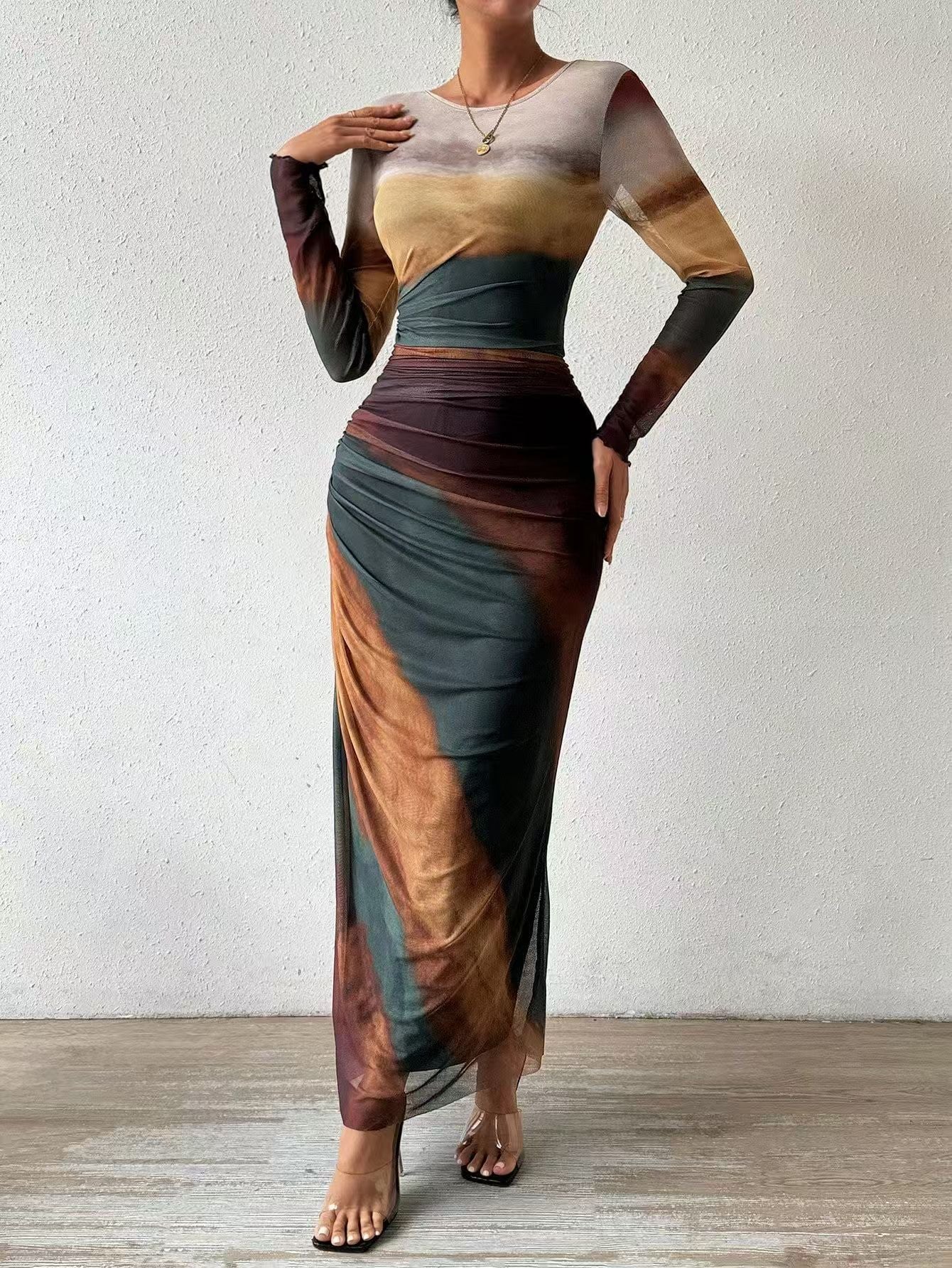 Vestido largo elegante estampado ajustado diario y formal otoño