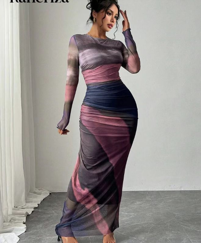 Vestido largo elegante estampado ajustado diario y formal otoño