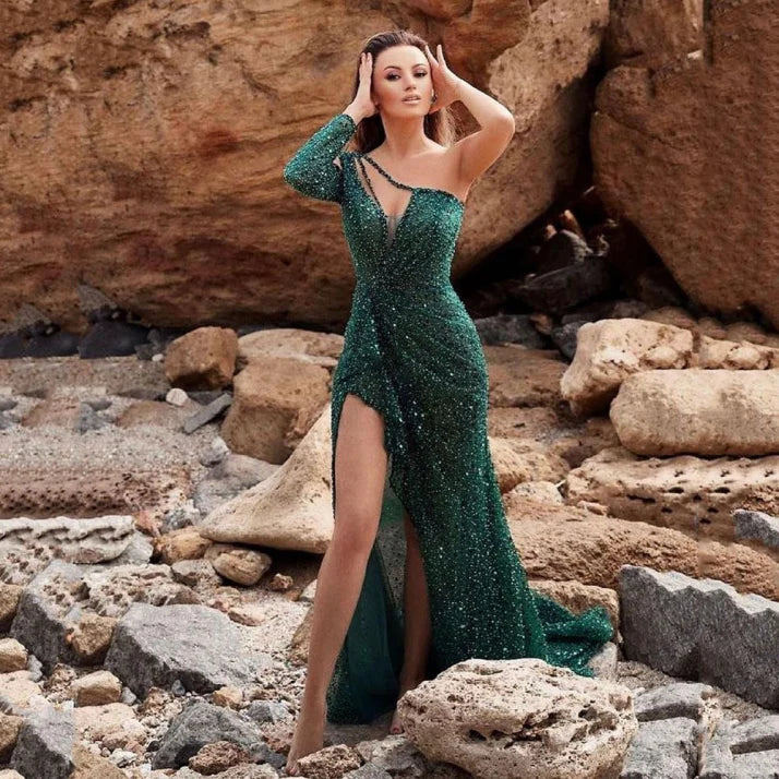 Vestido maxi mujer un hombro brillante cómodo y elegante