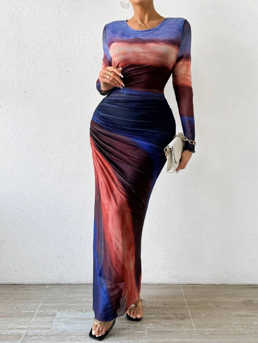 Vestido largo elegante estampado ajustado diario y formal otoño