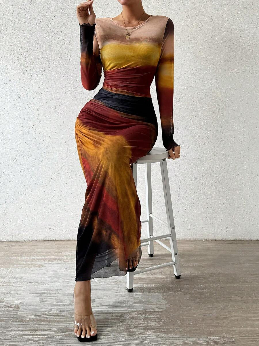 Vestido largo elegante estampado ajustado diario y formal otoño