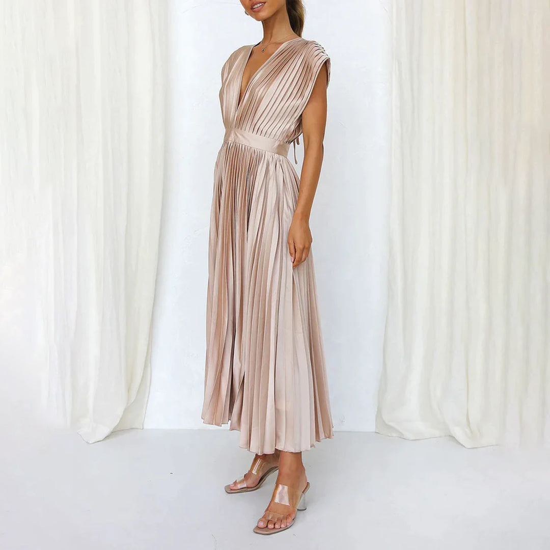 Lexi | Elegante vestido midi plisado con cuello en V