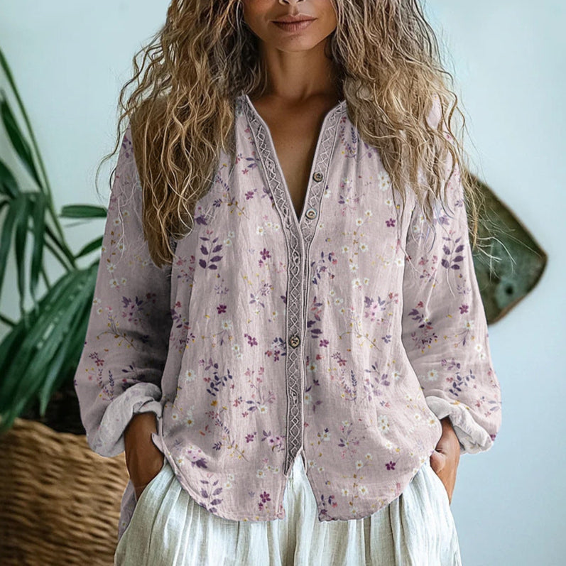 Blusa Vintage de Mujer con Estampado de Hojas – Elegante y Ligera