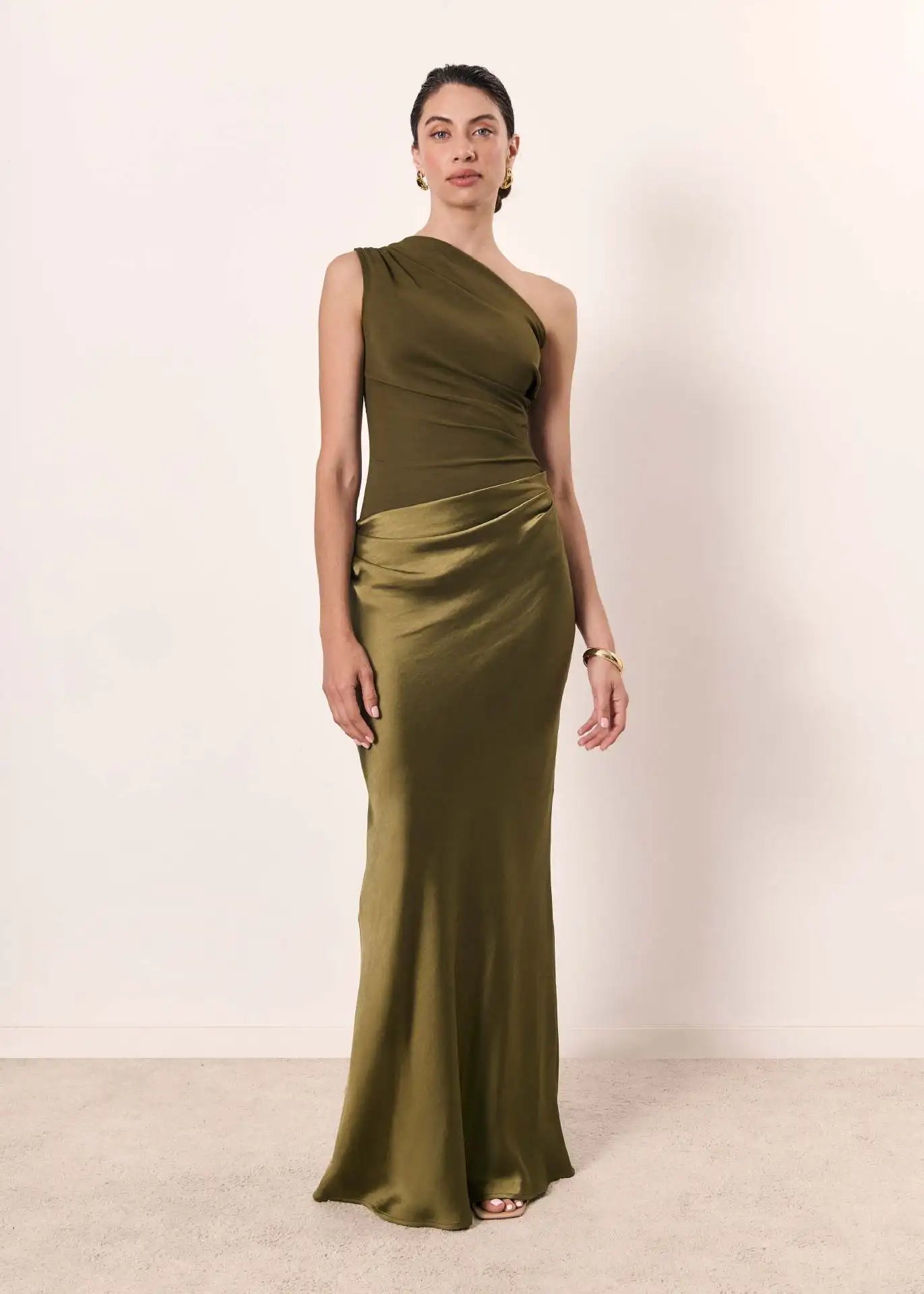 Vestido largo de satén con un hombro, elegante y chic para fiesta
