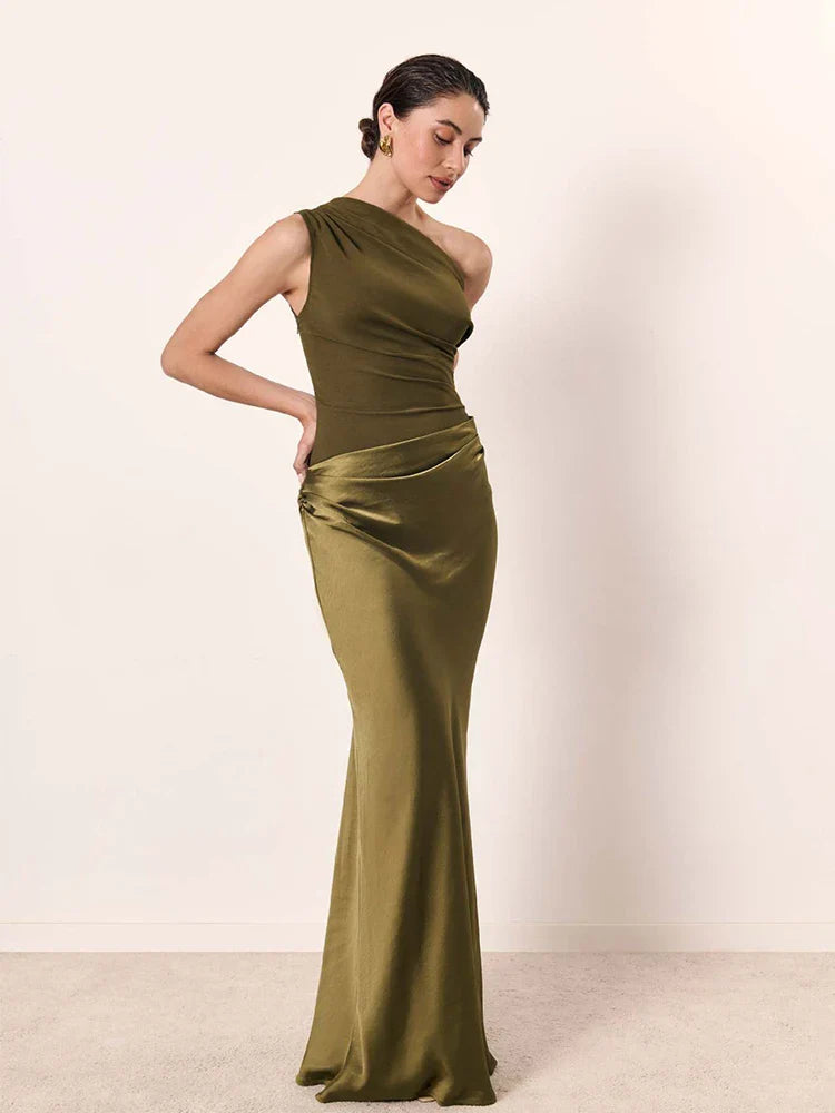 Vestido largo de satén con un hombro, elegante y chic para fiesta