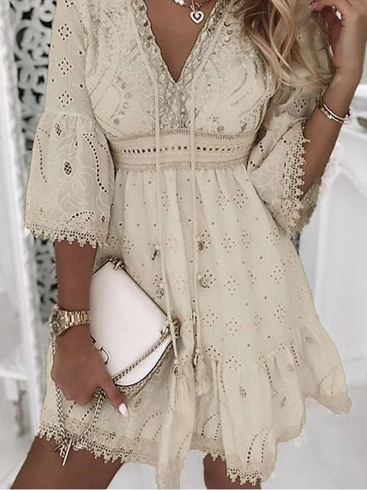 Vestido Boho Mujer – Estilo Ibiza con Bordados y Corte Suelto para Verano