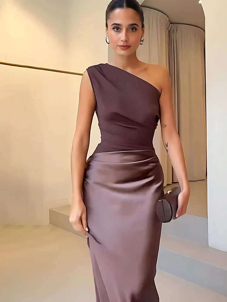 Vestido largo de satén con un hombro, elegante y chic para fiesta