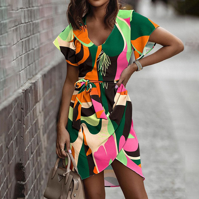 Vestido colorido elegante con lazo en la cintura ideal verano