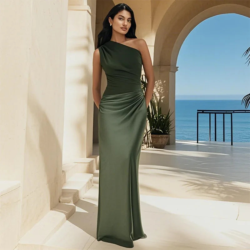 Vestido largo de satén con un hombro, elegante y chic para fiesta
