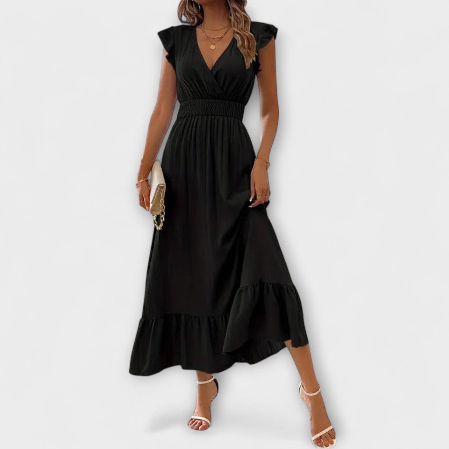 Rosan | Maxi vestido con mangas de volantes y escote profundo en V