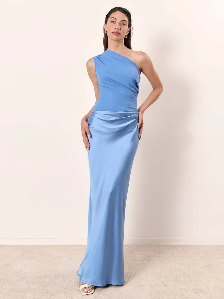 Vestido largo de satén con un hombro, elegante y chic para fiesta