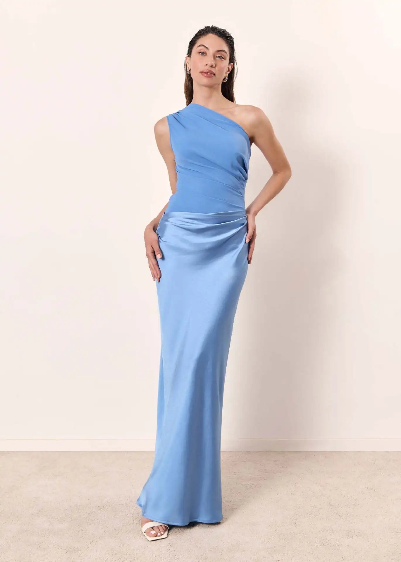 Vestido largo de satén con un hombro, elegante y chic para fiesta