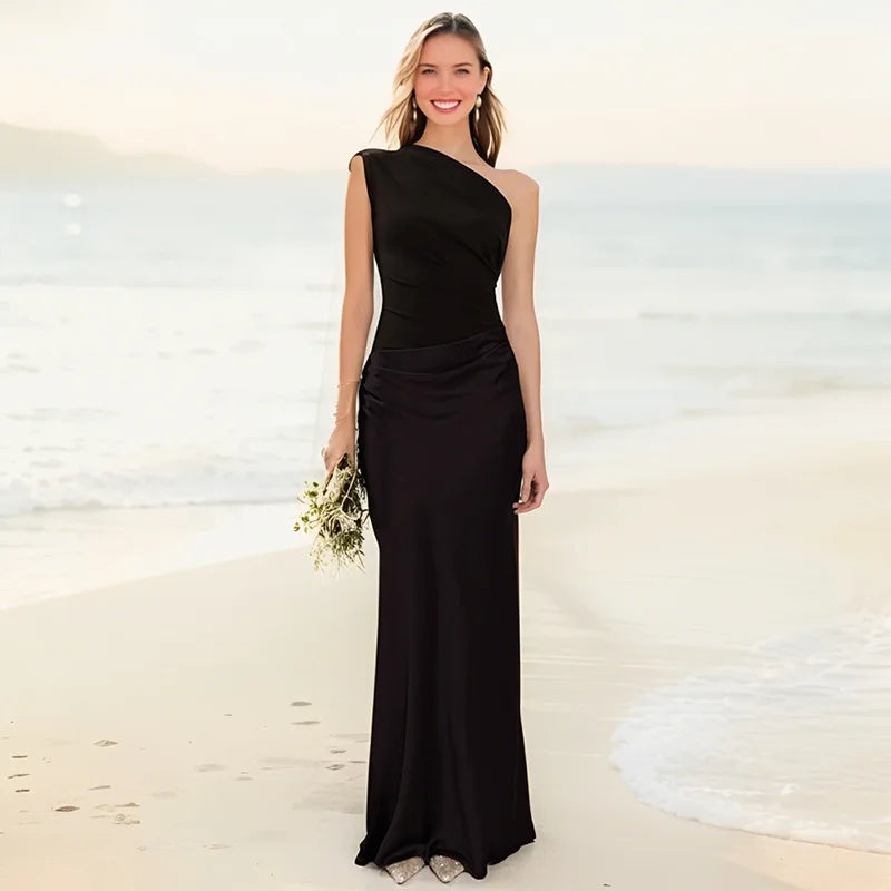 Vestido largo de satén con un hombro, elegante y chic para fiesta