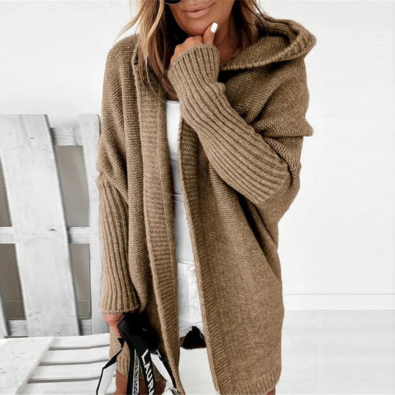 Chaqueta larga punto mujer con capucha elegante casual