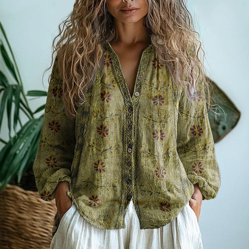 Blusa Vintage de Mujer con Estampado de Hojas – Elegante y Ligera