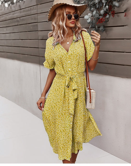 Vestido midi elegante bohemio con flores versátil para diario